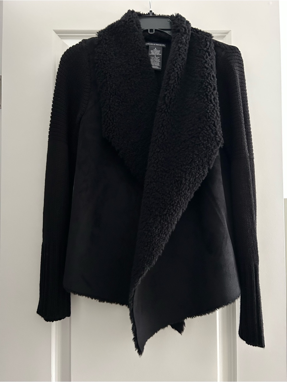 Chelsea & Theodore Black Faux Shearling Knit-Sleeve Sweater Jacket Size S